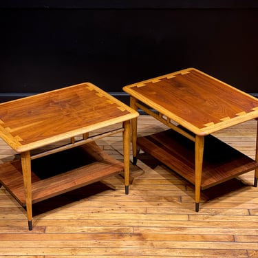 Restored Pair of Lane Acclaim Two Tier Side Tables Rectangular End Tables With Shelf - Mid Century Modern Danish Style Walnut Coffee Table 
