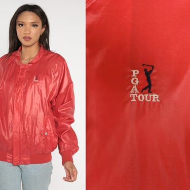 PGA Tour Windbreaker 80s Golf Jacket Zip Up Red Windbreaker Vintage Sportswear 1980s Raglan Sleeve Bomber Basic Light Shiny Nylon Medium 