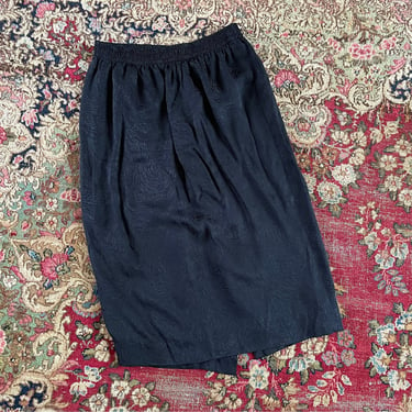 Vintage ‘80s black silk knee length skirt, water swirl jacquard silk, XS S 