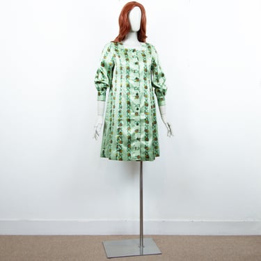 Vintage 70s Green Satin Striped Floral Trapeze Dress Long Puffed Sleeves Button Up Size M UK 12-14 