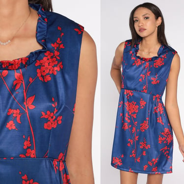 70s Babydoll Dress Blue Floral Emilio Borghese Dress Mini Dress Flower Print Mod Empire Waist 60s Red Ruffle Vintage Sleeveless Small S 