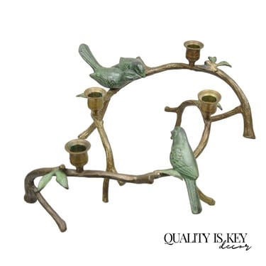 Vintage Rubbed Brass Bronze Bird Tree Branch Figural Candlesticks - a Pair