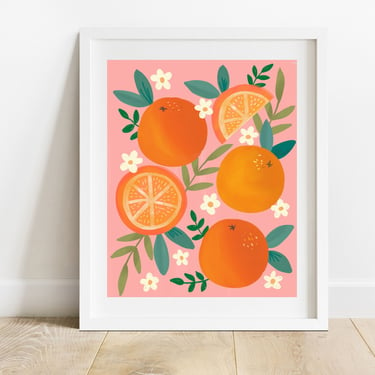 Oranges With Blossoms 8X10 Art Print/ Botanical Fruit Illustration/ Citrus Slices Kitchen Wall Art/ Tangerines Kids Room Decor 