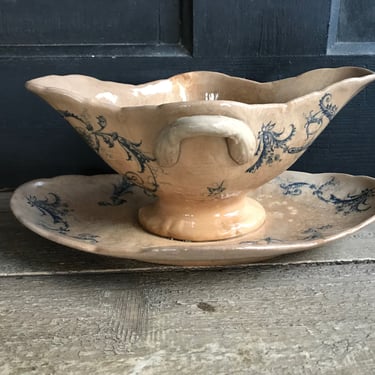 French Faïence Saucière, Opaque De Gien Pottery, Gravy, Dressing, Blue White Scroll Pattern Tea Stained, French Farmhouse 