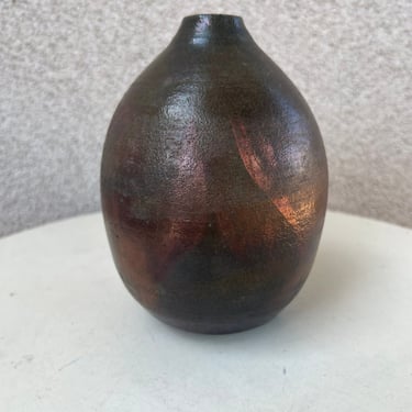 Vintage studio art Pottery weed pot dark green bronze glaze 6.5” 