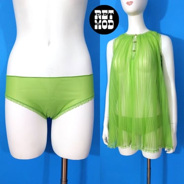 Sexy Mod Vintage 60s 70s Apple Green Pintuck Mini Babydoll Lingerie Set with Matching Undies 