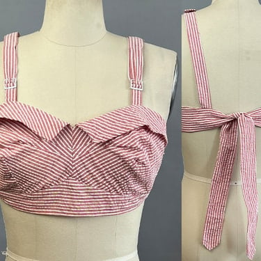 1950s Bra Top / 1950s Red Seersucker Crop Top with Tie Back / Pin Up / Size Large 
