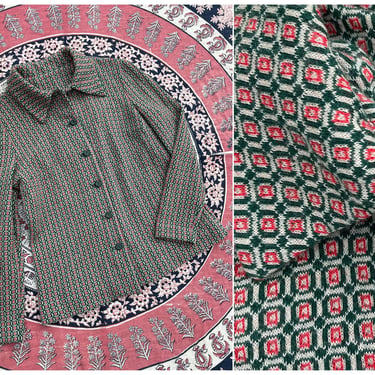 Vintage ‘70s wide collar knit button down | red & green jacquard knit top, ladies M 