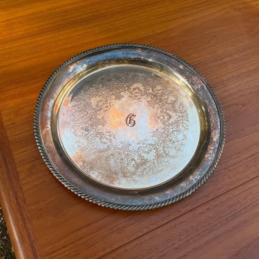 Antique Silverplate Cocktail Drink Tray Serving Platter Monogrammed "G" Vintage Mid-Century Floral Engraving 