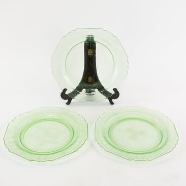 Set of Three Green Uranium Glass Etched Dinner Plates 