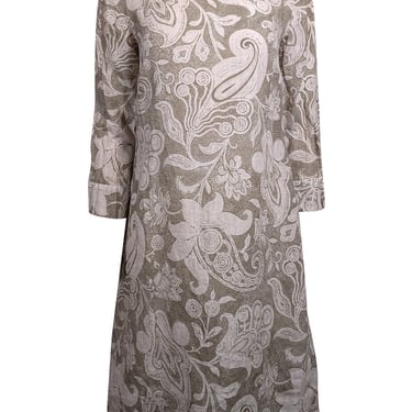 120% Lino - Olive &amp; Beige Paisley Print Linen Dress Sz 8