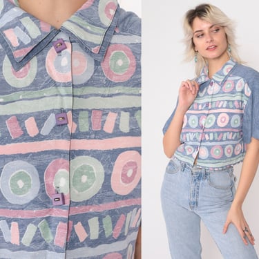 Geometric Crop Top 90s Blue Cropped Shirt Vintage Striped Circle Print Button Up Blouse Saved By The Bell 1990s Short Sleeve Medium 