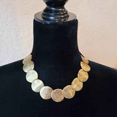 Gold bib disk necklace by designer Claudia Lobad, 1980s 