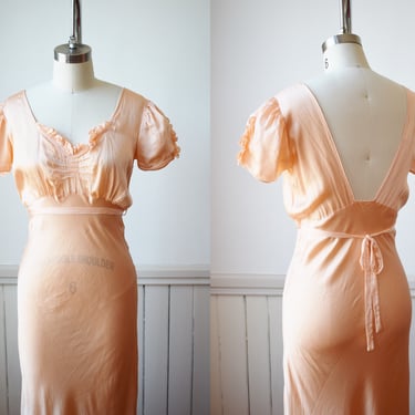 1930s Silk Puff Sleeve Nightgown Dress | XS/S | 1930s/1940s Pink Silk Bias Cut Slip With Low Back, Floor Length 