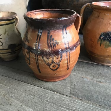 19th C Pottery Jug, Small Pitcher, Glazed Terra Cotta, Flower Vase, Rustic European Farmhouse, Farm Table 