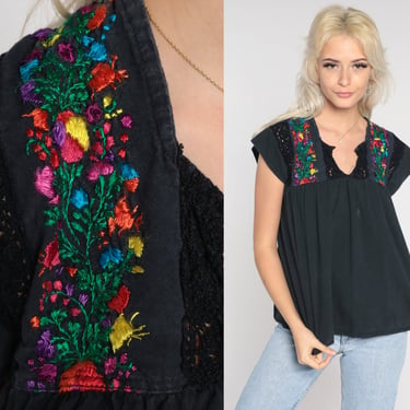 Mexican Peasant Top Black Floral EMBROIDERED Blouse Hippie Boho Shirt FESTIVAL Cotton Tunic Bohemian Vintage Retro Small S 