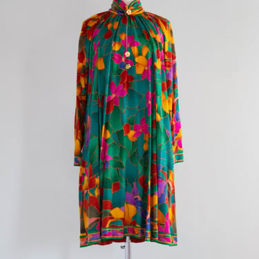 Vintage 1980's Leonard of Paris Wool &amp; Silk Jersey Stained Glass Print Trapeze Dress / ML