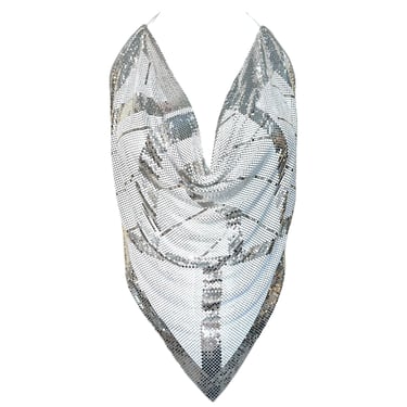 Ferrara Vintage Silver and White Geo Print Enamel Metal Mesh Handkerchief Halter, New/Old  DBS