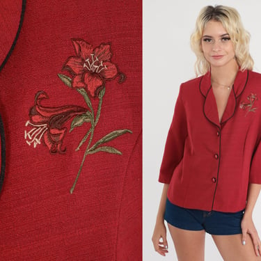 Floral Blazer Jacket Red Embroidered Jacket 80s Blazer Applique Bohemian Summer Vintage 1980s Women Boho Medium 
