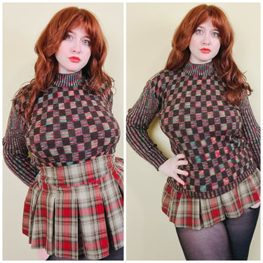 1980s Vintage Brown Space Dye Knit Sweater / 80s . Eighties Checkered Rainbow Turtleneck / Size Medium - Large 