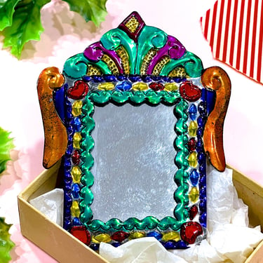 VINTAGE: Mexican Folk Art Tin Mirror - Ornament - Handcrafted Ornament - Christmas - Holiday - Mexico - Gift Tag 