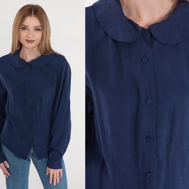 Blue Silk Blouse 80s Button Up Top Rounded Flat Collar Shirt Retro Preppy Professional Simple Basic Blouson Long Sleeve Vintage 1980s Medium 