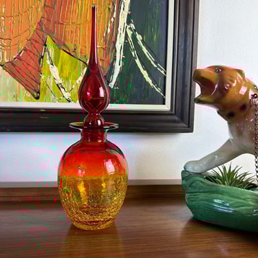 Mid-Century Blenko Amberina Decanter Crackle Glass with Original Stopper 