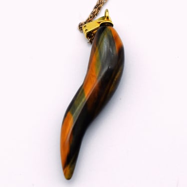 80's bi-colored tigers eye Italian horn of plenty pendant, chatoyant gold filled good luck cornicello necklace 