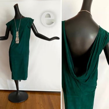 Stunning Deep Green Suede Backless Dress | Vintage 80s | Runway Couture Designer Styling | Ultra Fine Lightweight Lamb Suede Leather 