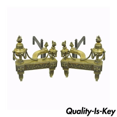 Pair of Antique French Louis XVI Neoclassical Style Urn Flame Brass Andirons