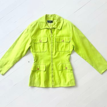 1980s Claude Montana Neon Green Canvas Cotton Tailored Zip Front Jacket 