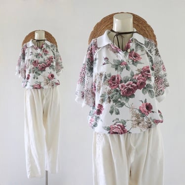 cropped knit garden top - l - vintage 80s 90s womens floral cute short sleeve blouse shirt cottage cottagecore polo size large crop top 