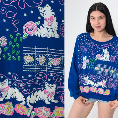 Vintage Cat Sweatshirt 80s 90s Blue Kitten Yarn Floral Sweatshirt 1990s Graphic Novelty Animal Sweater Retro Kawaii Oversized Medium 