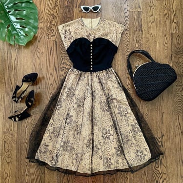 50s Party Black Lace Dress / 1950s Dress / Size xxs•xs 