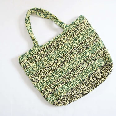 Vintage Hand Knit Tote Bag - 90s Green Yellow Black Marled Multi Color Granny Knit Shoulder Bag - Artsy Carpet Textile Purse 