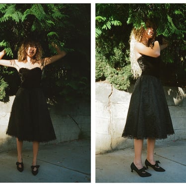 Vintage 1980s 80s Gunne Sax Jessica McClintock Jet Black Velvet Sweetheart Neckline Midi Dress Gown w/ Crinoline Lace Skirt 