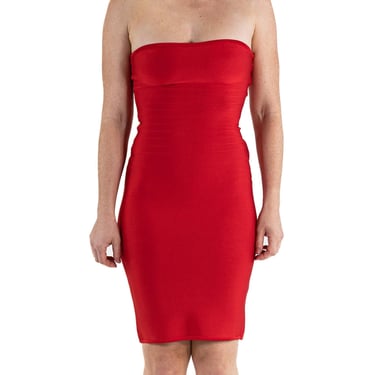 1990S Herve Leger Cherry Red Rayon Blend Strapless Body-Con Cocktail Dress 