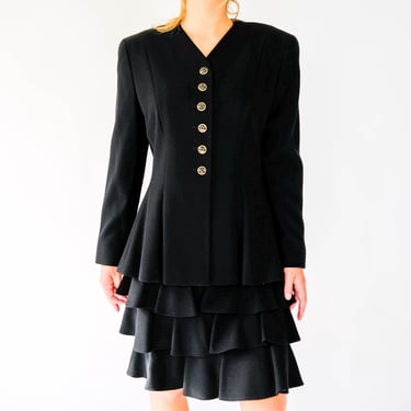 Vintage 90s ESCADA Black Wool Gabardine Power Skirt Suit w/ Gold & Black Buttons | Made in Germany | 1990s ESCADA Designer Ruffled Skirt Set 