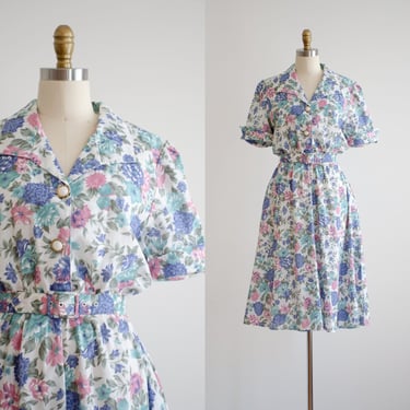 cute cottagecore dress 80s vintage white blue pink floral fit and flare midi dress 