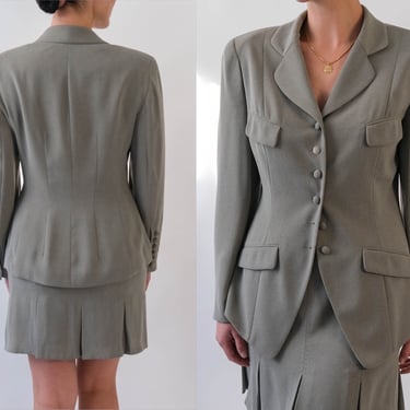 Vintage 90s Tracy Reese for Magaschoni Grey Blazer Skirt Suit w/ Single Stitch Design | Rayon Gabardine | 1990s Y2K Designer Mini Skirt Suit 