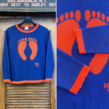 Vintage 1960’s Pop Art “Hang Ten” Brand Mod Footprint Glam Sweater, 60’s Fitted Sweater, Vintage Clothing 