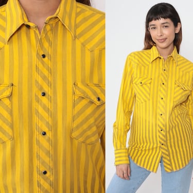 Wrangler Western Shirt 90s Bright Yellow Striped Pearl Snap Button up Cowboy Rodeo Westernwear Long Sleeve Vintage 1990s Men's 15 1/2 34 