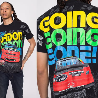 90s Jeff Gordon NASCAR "Going Going Gone!" All Over Print Tee Men's Medium | Vintage Black Du Pont Race Car Graphic T Shirt 