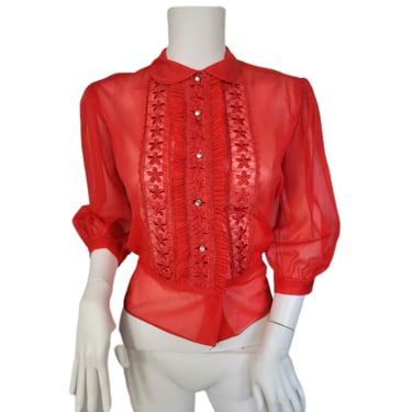 1950's Sheer Red Nylon Button Up Blouse I Shirt I Top I Sz Med I Rockabilly I Sexy 