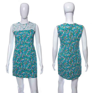 1960's Blue and Multicolor Floral Print Mini Dress Size M