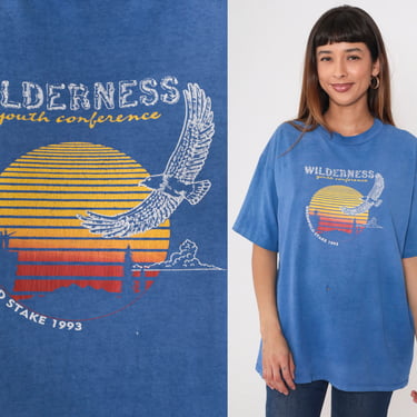 Wilderness Youth Conference T-Shirt 90s LDS Mormon Shirt 1993 Nature Eagle Graphic Tee Distressed Tshirt Blue Vintage 1990s Extra Large xl 