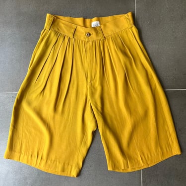 80s 90s Chartreuse Mustard High Waisted Flowy Wide Leg Shorts 29 Waist 