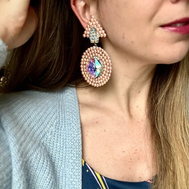 Huge 80s Aurora Crystal Pink Statement Earrings