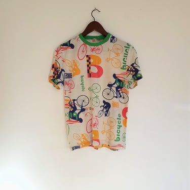 Vintage 1970's Ringer Bicycle Print T-Shirt / Men's XS to S / Women's M 