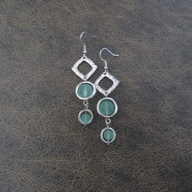 Long sea green earrings, bohemian earrings, beach earrings, bold earrings, boho earrings, frosted glass earrings, geometric earrings 